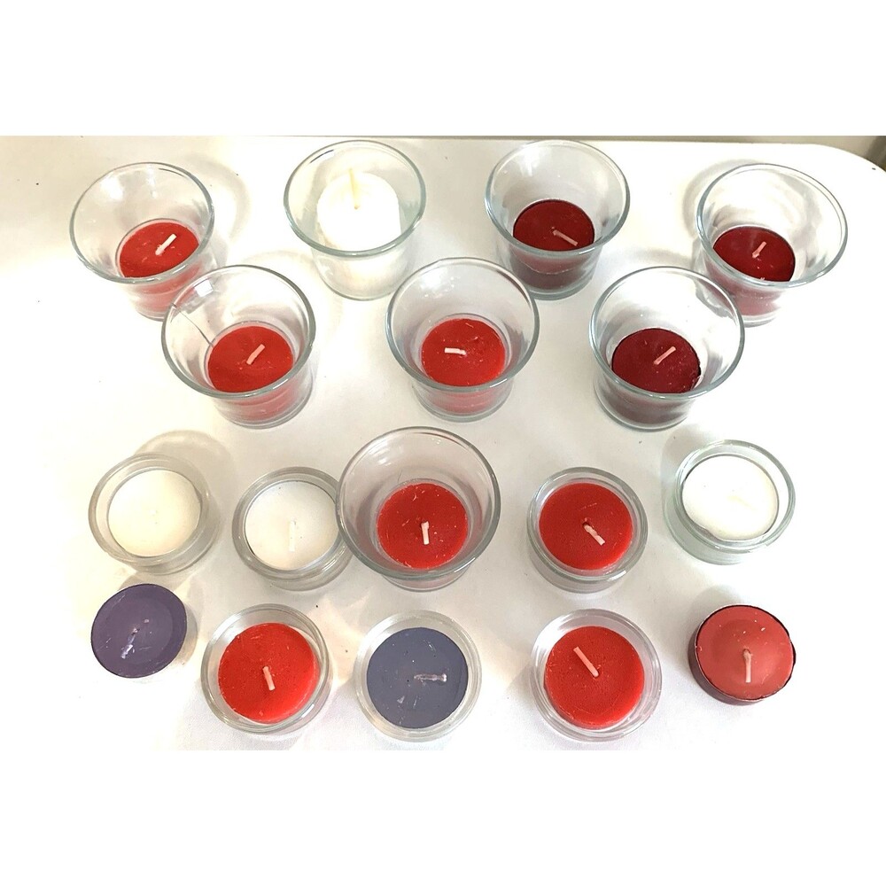 Lot of 15 Clear Glass Votive Candle Holders w/Candles Red White Blue